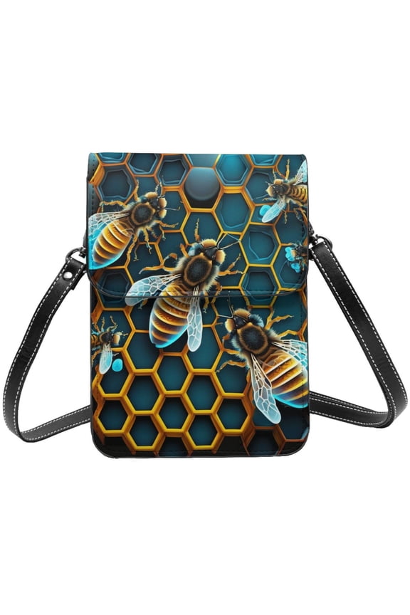 Honeycomb Bee Starry Bee Honey Cell Phone Purse Small Crossbody Bag with Strap Credit Card Slots Leather Shoulder Wallet for Women