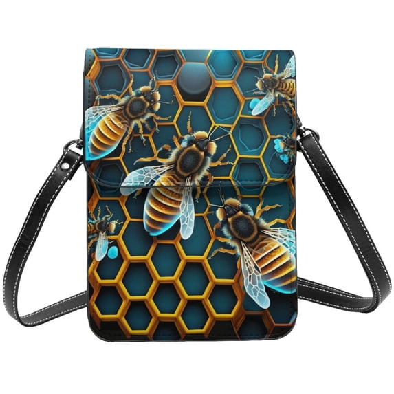 Honeycomb Bee Starry Bee Honey Cell Phone Purse Small Crossbody Bag with Strap Credit Card Slots Leather Shoulder Wallet for Women