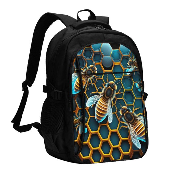 Honeycomb Bee Starry Bee Honey Laptop Backpack with USB Charging Headphone Port Casual Daypack Bag College Business Travel