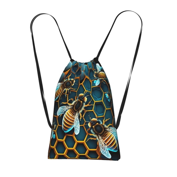 Honeycomb Bee Starry Bee Honey Packable Drawstring Backpack, Lightweight Foldable Cinch Storage Bag for Gym Travel Shopping