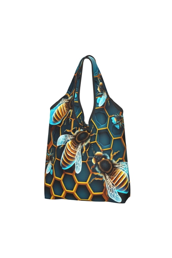 Honeycomb Bee Starry Bee Honey Reusable Grocery Bags Shopping Totes Foldable Washable Pouch Handbag Storage Bag