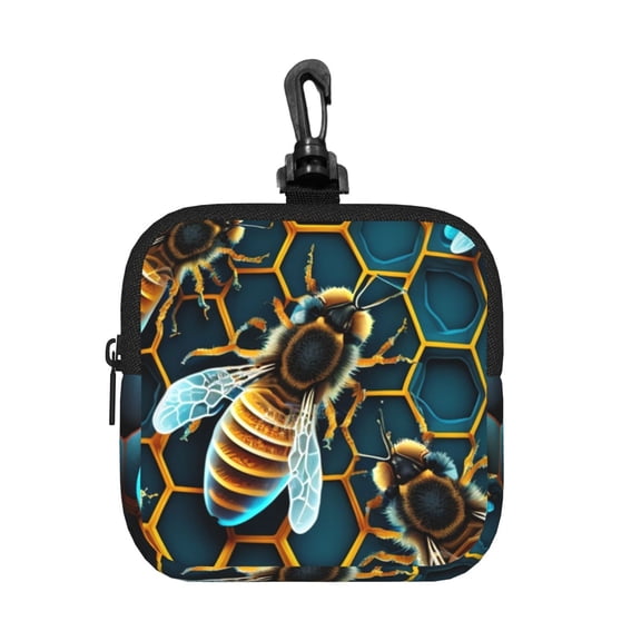 Honeycomb Bee Starry Bee Honey Square Gear Pouch with Lobster Clasp Waterproof Tech Accessory Organizer, Key & Coin Case