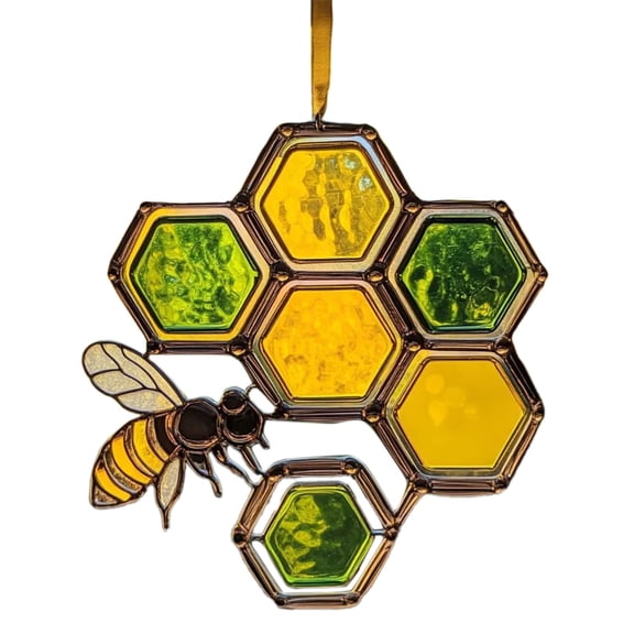 Honeycomb Bee Sun Catcher 2D Acrylic Window Hanging Ornament for Home,Garden Nursery Cute Bee Decor, Spring Summer Wall Art - Handmade Gift for Women, Mom, Grandma, Birthday Housewarming