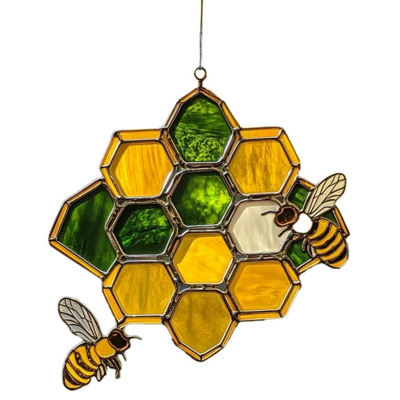 Honeycomb Bee Sun Catcher 2D Acrylic Window Hanging Ornament for Home,Garden Nursery Cute Bee Decor, Spring Summer Wall Art - Handmade Gift for Women, Mom, Grandma, Birthday Housewarming