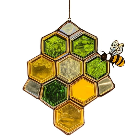 Honeycomb Bee Sun Catcher 2D Acrylic Window Hanging Ornament for Home,Garden Nursery Cute Bee Decor, Spring Summer Wall Art - Handmade Gift for Women, Mom, Grandma, Birthday Housewarming