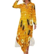 YHX66 Honeycomb Bees Flowers Casual Dress Dresses V Neck Chiffon Dress Long Sleeve Clothes