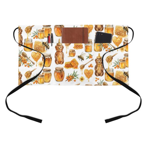 Honeycomb Bees Kitchen Restaurant Half Waist Apron, Yellow Bear Heart Honey American Country Style Server Short Apron with 3 Pockets Waterproof Oil Waist Aprons for Women Waitress Waiter