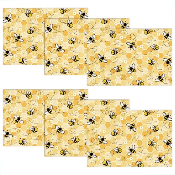 Honeycomb Bees Placemats Set of 6 Honey Bee Floral Table Place Mats 11.8x17.7 Inch Non-Slip Linen Washable Table Mats Heat Resistant Placemats