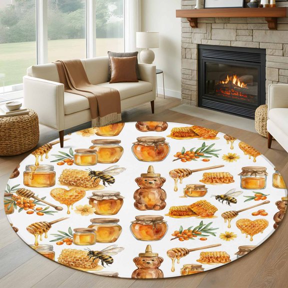 Honeycomb Bees Round Rugs for Living Room 7ft Yellow Bear Heart Honey American Country Style Non Slip Circle Rug Washable Low-Profile Indoor Carpet for Bedroom, Dining Room, Bathroom