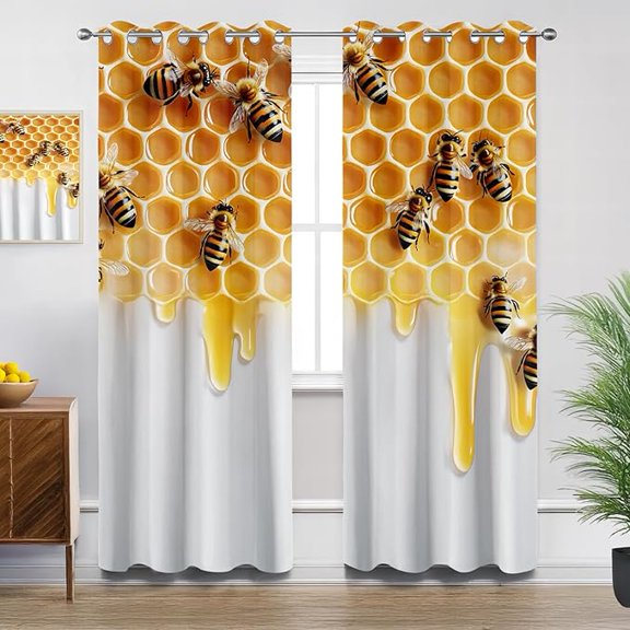Honeycomb Blackout Curtains for Bedroom Living Room, Bee Beehive Geometry Farmhouse Patterned Window Treatments, Room Darkening Thermal Insulated Grommet Drapes 26"W x 45"L (Pack of 2)