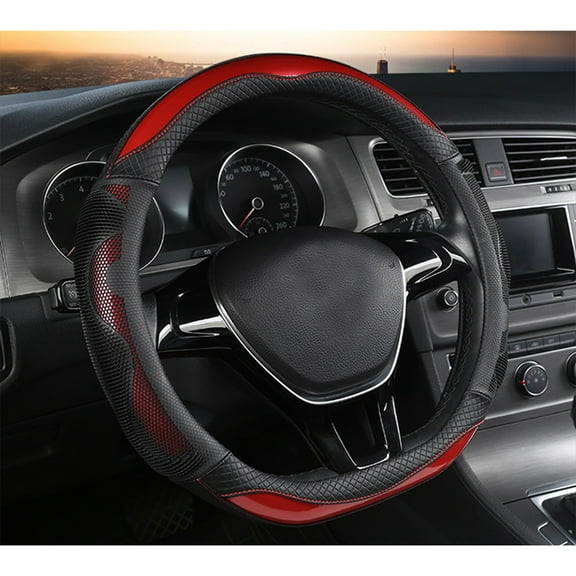 Honeycomb Car Steering Wheel Cover, Usupdd Leather Non-Slip Handlebar Cover 14.96 Inch, Fashion D-Shaped Wheel Protector for Men Women with Comfort Grip, Red