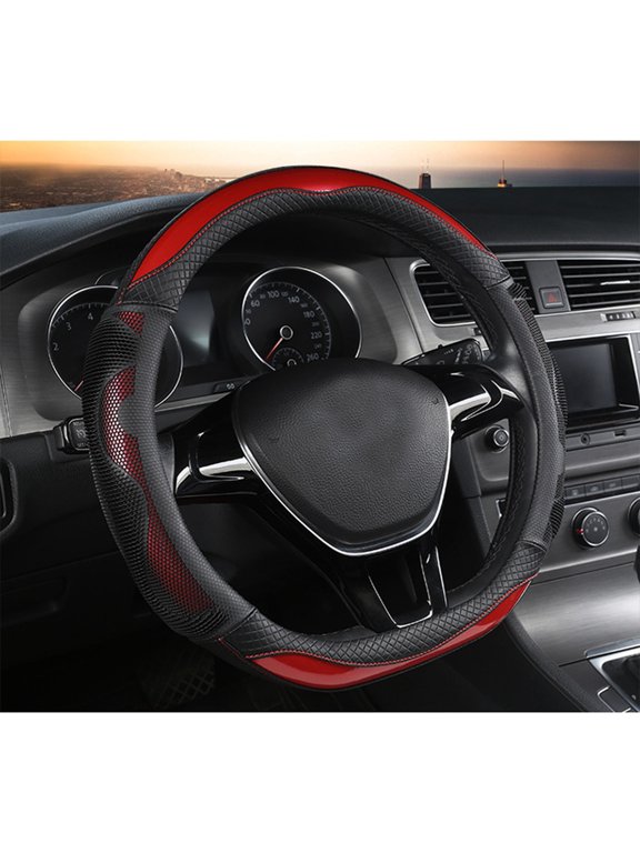 Honeycomb Car Steering Wheel Cover, Usupdd Leather Non-Slip Handlebar Cover 14.96 Inch, Fashion D-Shaped Wheel Protector for Men Women with Comfort Grip, Red