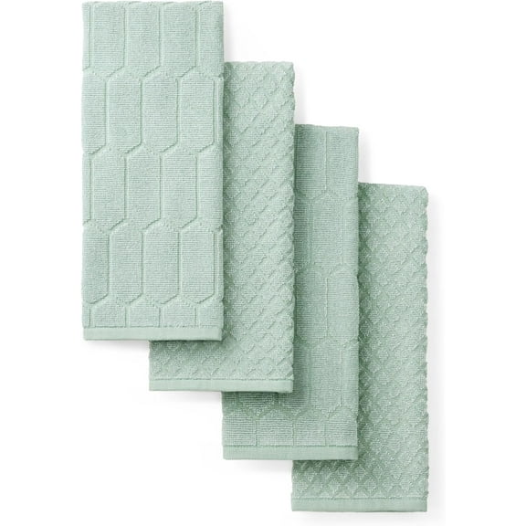Honeycomb Chambray Textured Kitchen Towel 4-Pack Set, 100% Cotton with Absorbent Terrycloth, Decorative Kitchen Towels, Mint Green, 16"x28"