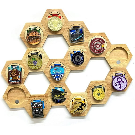 Honeycomb Combination Medal Display Stand, Hexagonal Wooden Medal Hanger Display for Medals