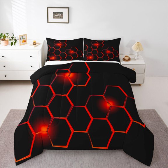 Honeycomb Comforter Set Modern Geometry Hexagon Bedding Set ren Teens Bedroom Decor Geometrical Comforter Beehive Geometric Black Red Duvet Set