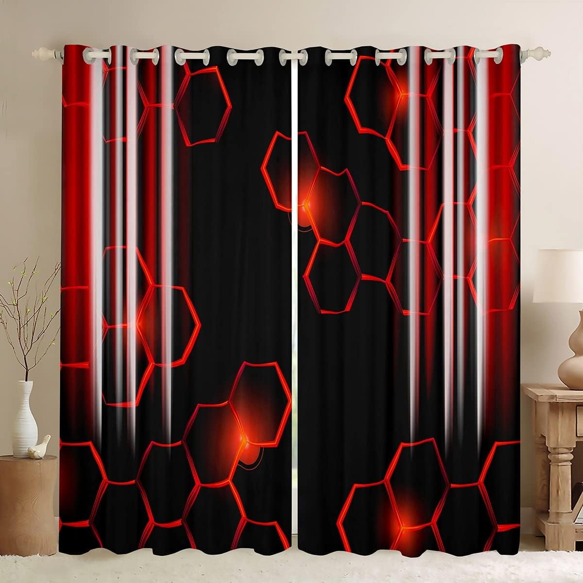 Honeycomb Curtains (2 Panels, 42 x 84 Inch) Modern Hexagon Theme Red Curtains Room Strip Lines Darkening Dreapes Modern Gradient Black Red Window Treatments 30%-50% Blackout