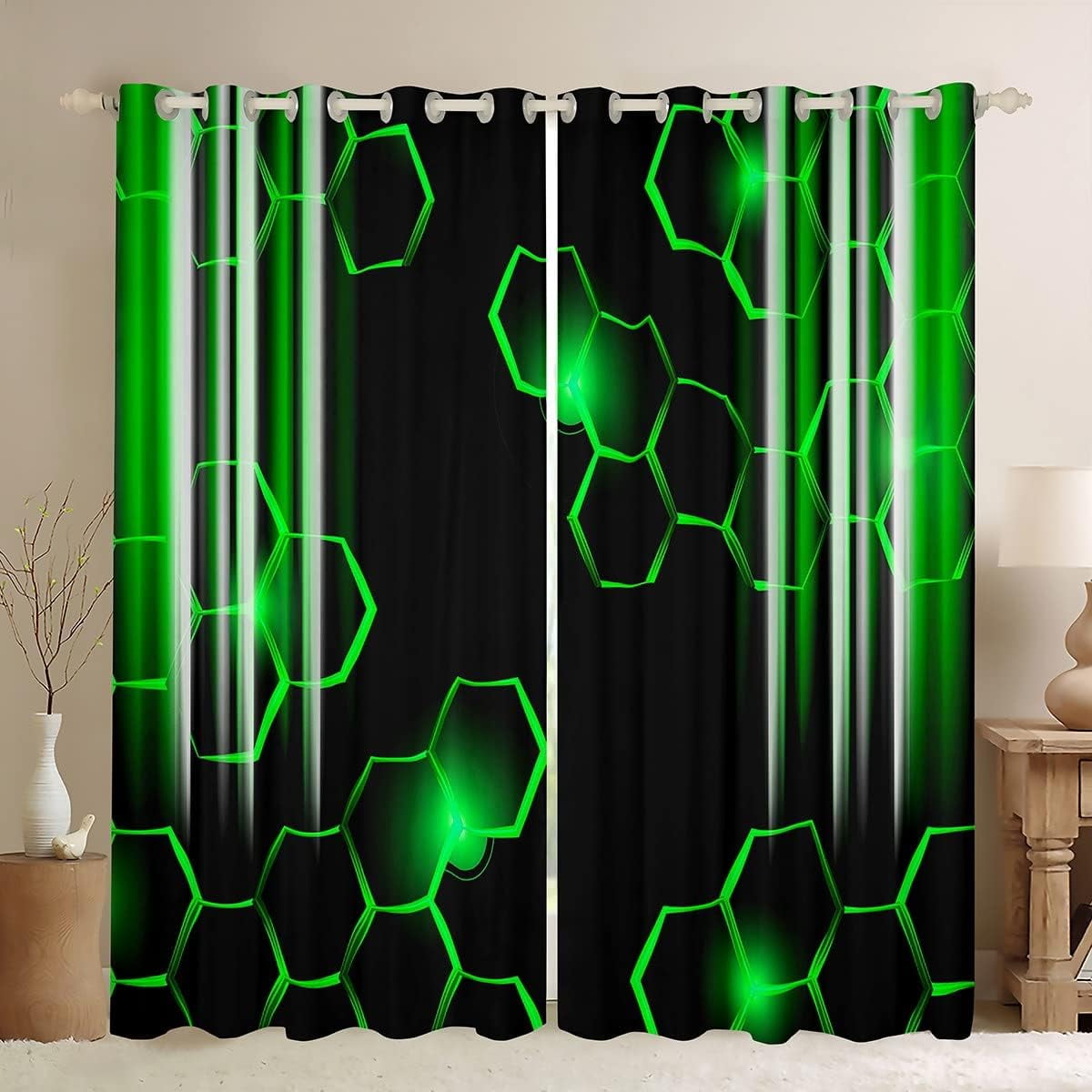 Honeycomb Curtains (2 Panels, 52 x 63 Inch) Modern Hexagon Theme Green Curtains Strip Lines Darkening Dreapes Modern Gradient Black Green Window Treatments 30%-50% Blackout