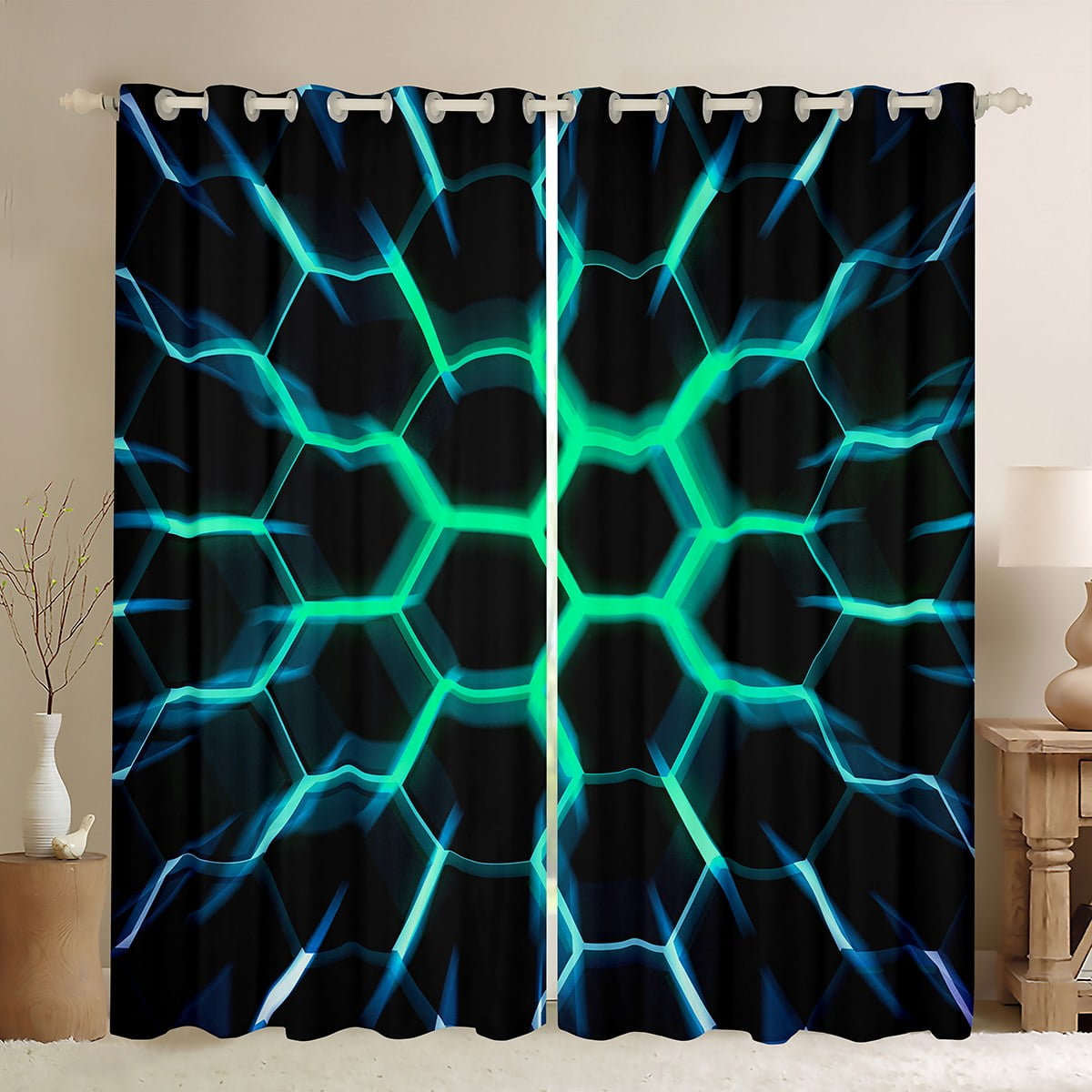 Curtains & Drapes Black Teal Geometric Hexagonal Pattern