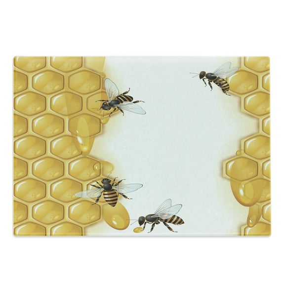 Honeycomb Cutting Board, Bees and Geometric Shapes Hive Theme Honey Making Bugs Illustration, Decorative Tempered Glass Cutting and Serving Board, in 3 Sizes, by Ambesonne
