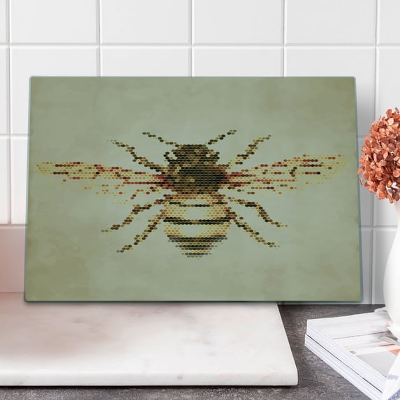 Honeycomb Cutting Board, Honey Bee Portrait with Geometrical Shapes Vintage Style Pattern, Decorative Tempered Glass Cutting and Serving Board, in 3 Sizes, by Ambesonne