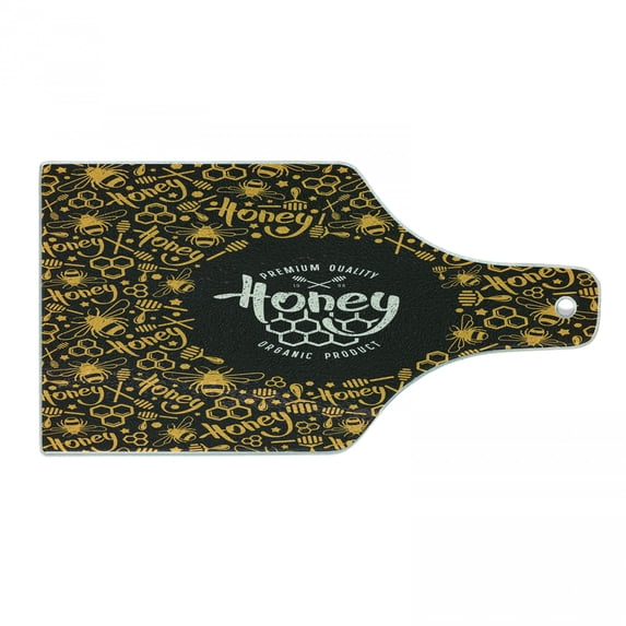 Honeycomb Cutting Board, Honey Themed Composition with Bees Hexagons and Lettering, Decorative Tempered Glass Cutting and Serving Board, in 3 Sizes, by Ambesonne
