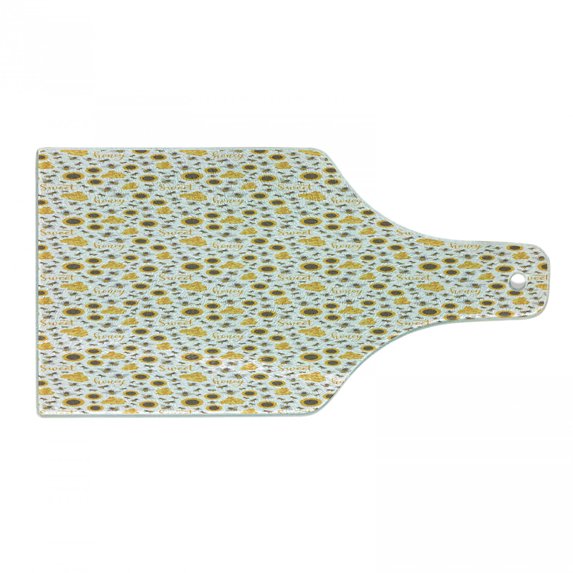 Honeycomb Cutting Board, Sunflowers Bees Honey and Text Summer Season Pattern, Decorative Tempered Glass Cutting and Serving Board, in 3 Sizes, by Ambesonne