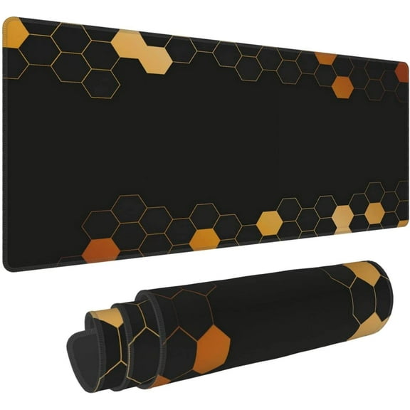 Honeycomb Extended Mouse Pad 31.5x11.8 Inch XL Minimalism Black Gold Hexagon Non-Slip Rubber Base Large Gaming Mousepad Stitched Edges Waterproof Keyboard Mouse Mat Desk Pad for Office Home