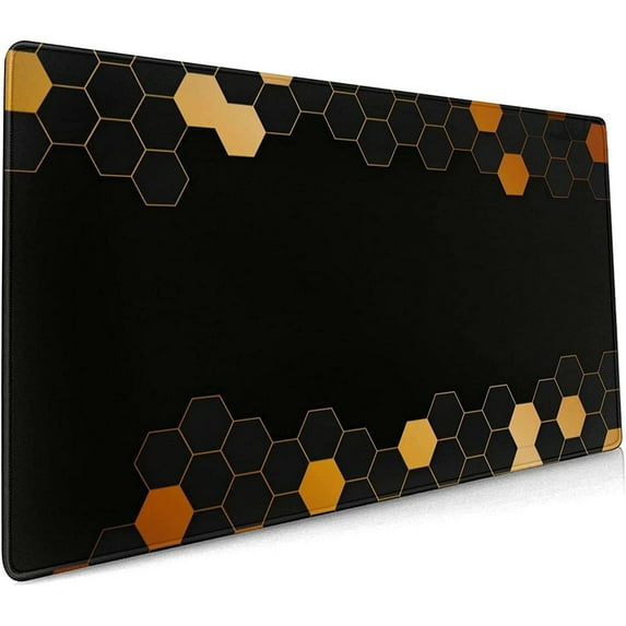Honeycomb Extended Mouse Pad 35.4x15.7 Inch XXL Minimalism Black Gold Hexagon Non-Slip Rubber Base Large Gaming Mousepad Stitched Edges Waterproof Keyboard Mouse Mat Desk Pad for Office Home