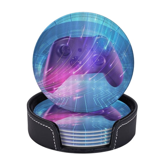 Honeycomb Gamer Video Game Coasters With Leather Holder Set Of 6 Round Coasters for Home and Kitchen Decor