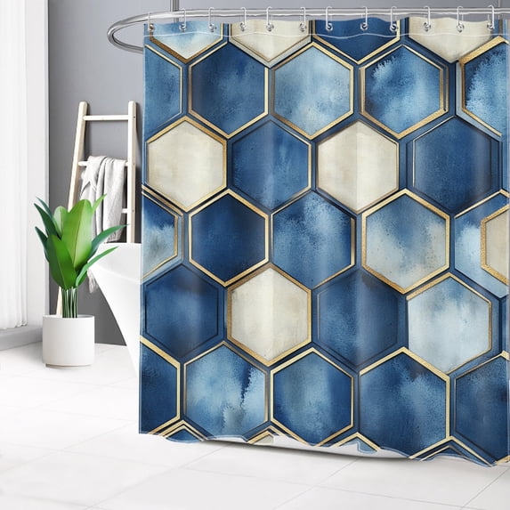 Honeycomb Geometric Shower Curtain for Bathroom Dark Blue and Grey Hexagon Pattern Bathroom Shower Curtain Modern Minimalism Shower Curtain Bath Accessories Home Decor with 12 Hooks 72x72 Inches