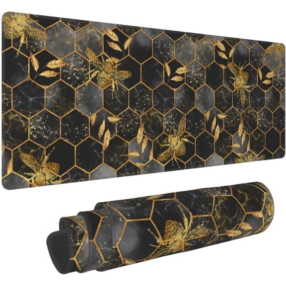 Honeycomb Gold Bee Leaf Hexagon XXL XL Large Gaming Mouse Pad for Desk, Non-Slip Long Extended Keyboard Pads Mousepad Rubber Table Mat 31.5 X 11.8 Inch