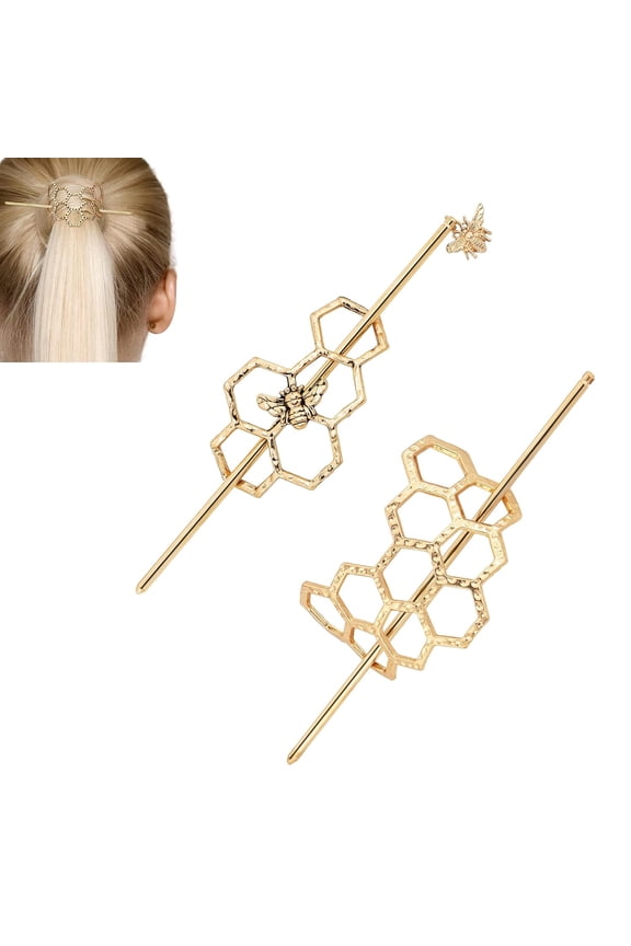 Honeycomb Hair Clips Slide Hairpins Minimalist Bee Hair Barrette Bun Hair Pins Metal Hair Slide with Stick Creative Hair Accessories for Women Girls Gifts (Golden)