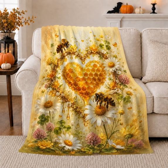 Honeycomb Heart Daisy Bee Scene, Festive Holiday Scene, Warm Flannel Blanket for Living Room and Family Room with Detailed Artwork, Art Lovers Christmas Gift, Festive Home Decor