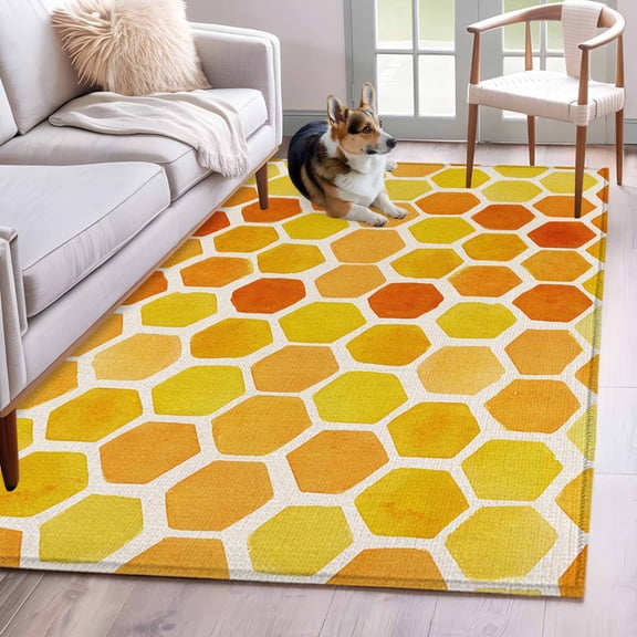 Honeycomb Hexagonal 3x5 Area Rugs for Living Room, Summer Amber Golden Yellow. Gradient Country Non Slip Floor Mat Washable Low-Profile Indoor Carpet for Bedroom, Dining Room, Bathroom