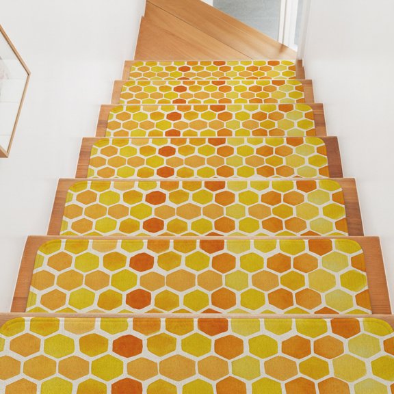 Honeycomb Hexagonal Stair Treads Non Slip for Steps Summer Amber Golden Yellow. Gradient Country 10 Pcs Reusable Adhesive Stair Runner Mats for Dogs Elders Carpet Treads Rugs for Staircase 8x30 In