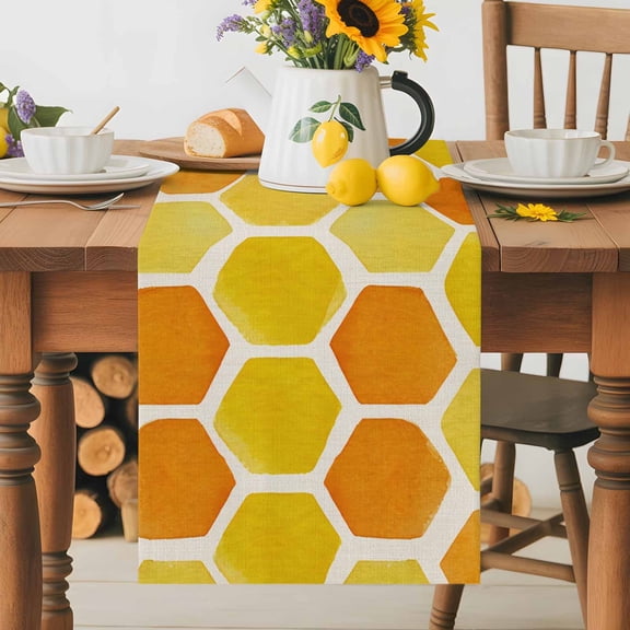 Honeycomb Hexagonal Table Runner 13x36 Inch Summer Amber Golden Yellow. Gradient Country Cotton Linen Dining Table Runner Ideal for Dresser Kitchen Coffee Tables - Machine Washable