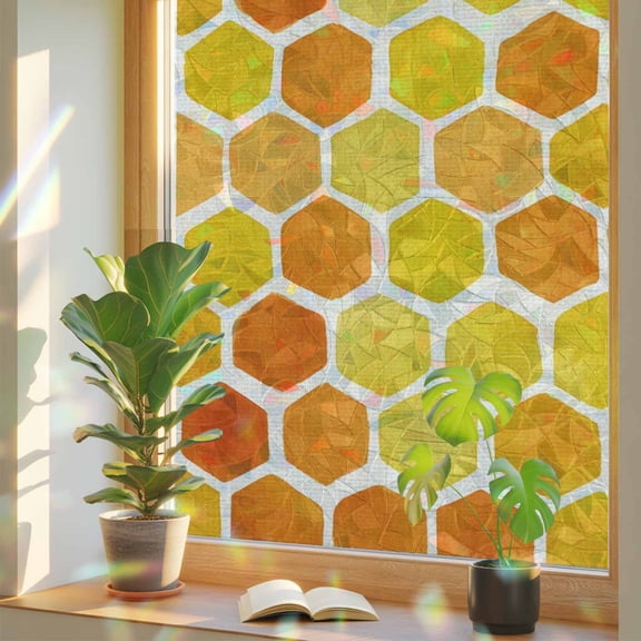 Honeycomb Hexagonal Window Privacy Film, Summer Amber Golden Yellow. Gradient Country Stained Glass Rainbow Film Decorative Window Clings, Static Cling Sun Blocking Stickers 19.6" x 39.3"