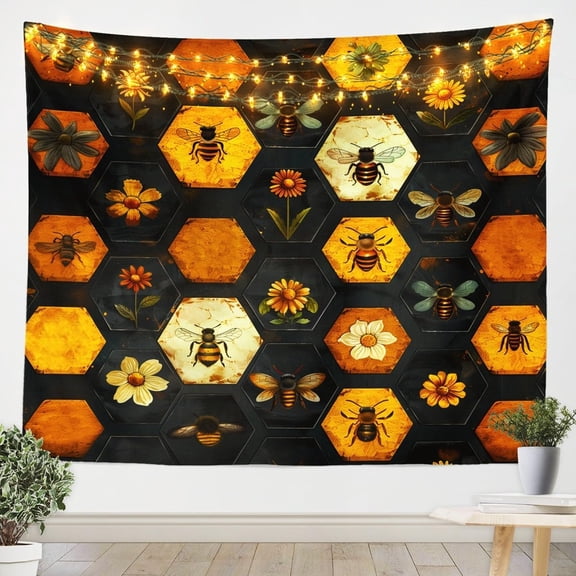 Honeycomb Kids Tapestry,Abstract Geometric Hexagon Wall Tapestries,Boys Girls Room Decor,Daisy Flowers Honeybee Animal Rustic Farmhouse Wall Hanging,Black Home Wall Decor,Small 51.2 x 59.1 Inches