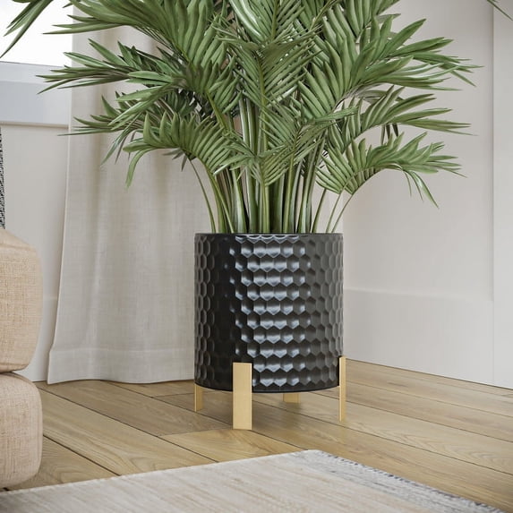 Honeycomb Metal Planter Pot With 4-Leg Gold Metal Base - Black - 14"H x 13"W