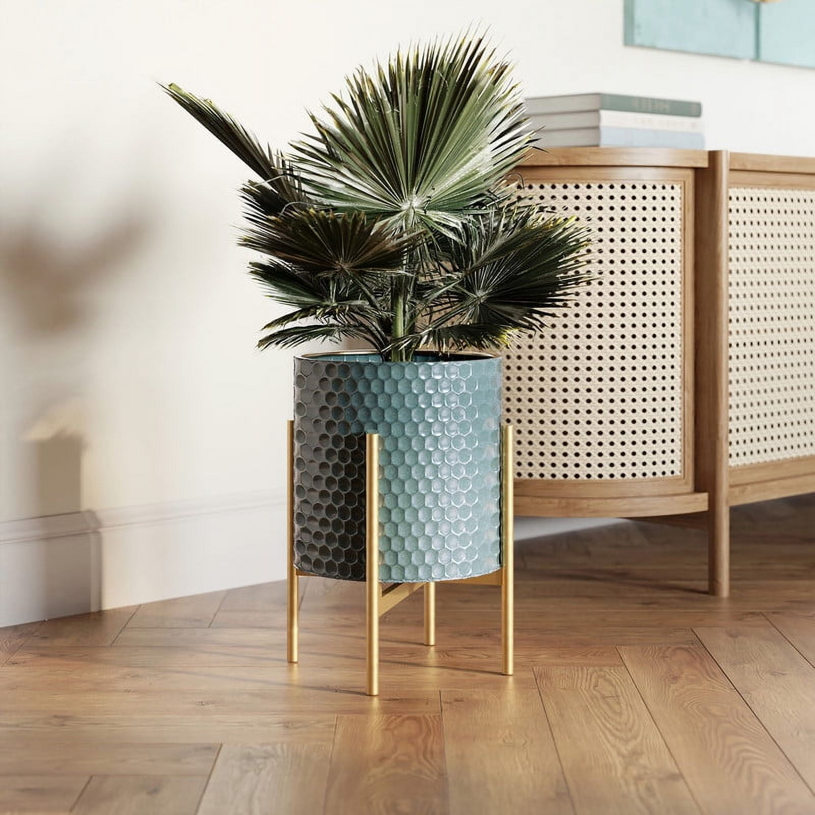 Honeycomb Metal Planter Pot With 4-Leg Gold Metal Base - Blue-Green - 12"H x 9.5"W