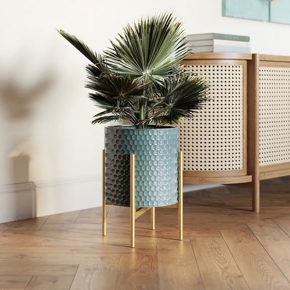 Honeycomb Metal Planter Pot With 4-Leg Gold Metal Base - Blue-Green - 12"H x 9.5"W