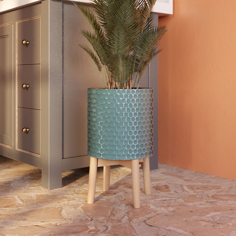 Honeycomb Metal Planter Pot With 4-Leg Wood Base - Blue-Green - 17"H x 10"W