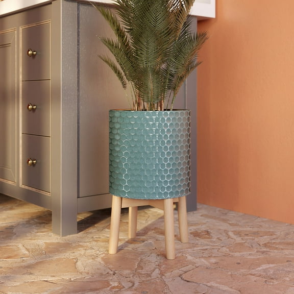 Honeycomb Metal Planter Pot With 4-Leg Wood Base - Blue-Green - 21.5"H x 12"W