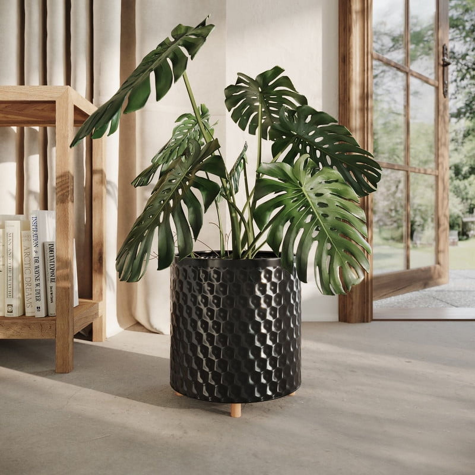Honeycomb Metal Planter Pot With Peg Base - Black - 8.75"H x 8"W