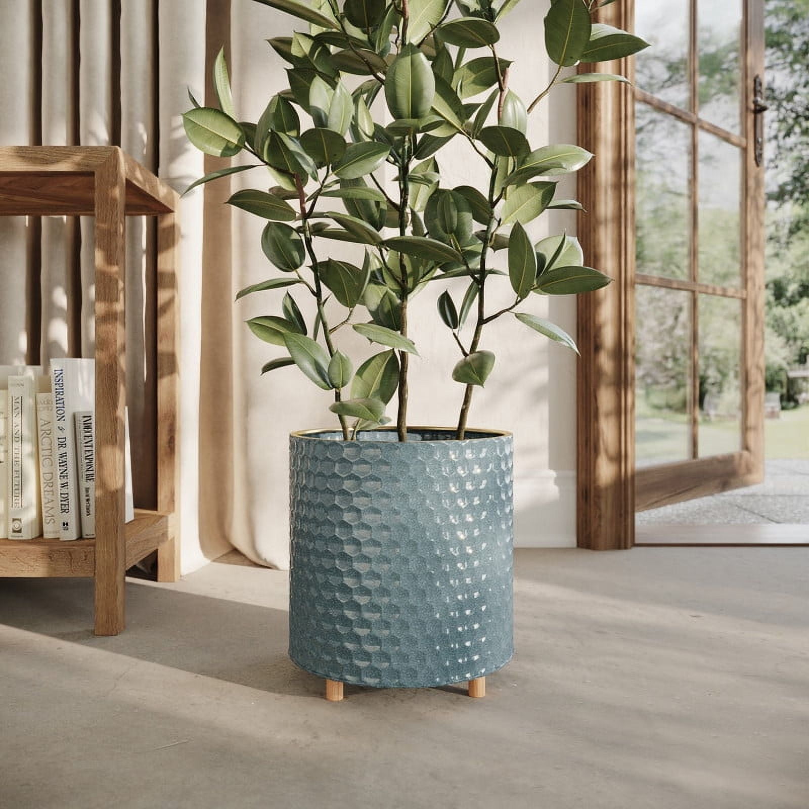 Honeycomb Metal Planter Pot With Peg Base - Blue-Green - 13"H x 12.25"W
