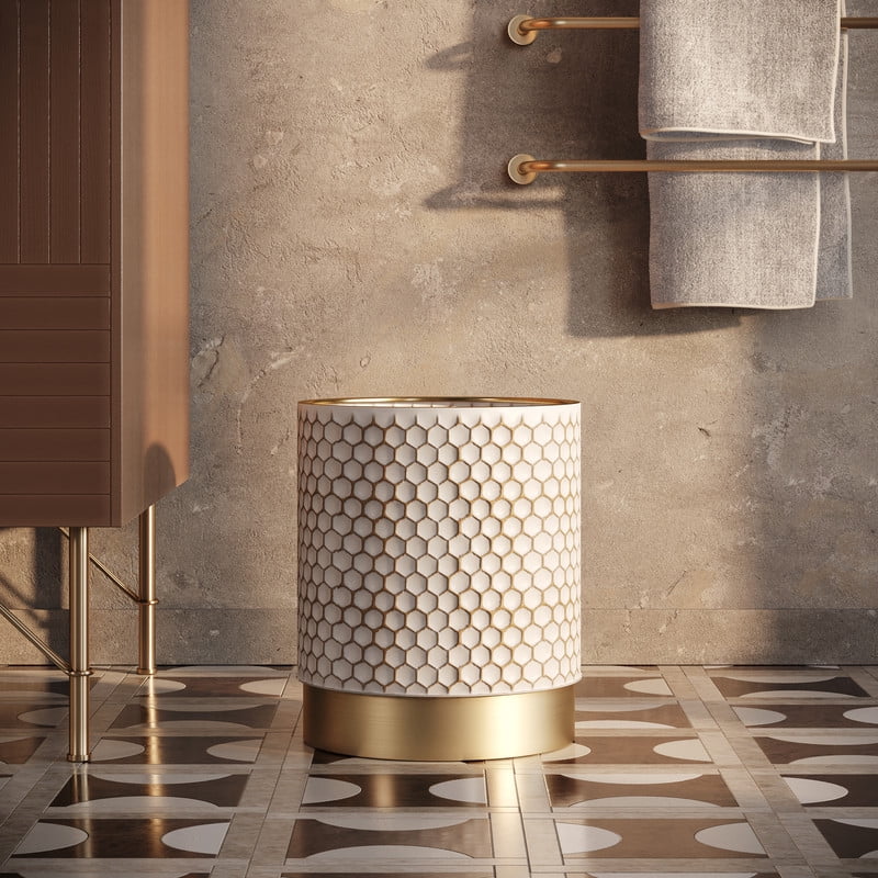 White and Gold Mid Century Modern Metal Waste Basket
