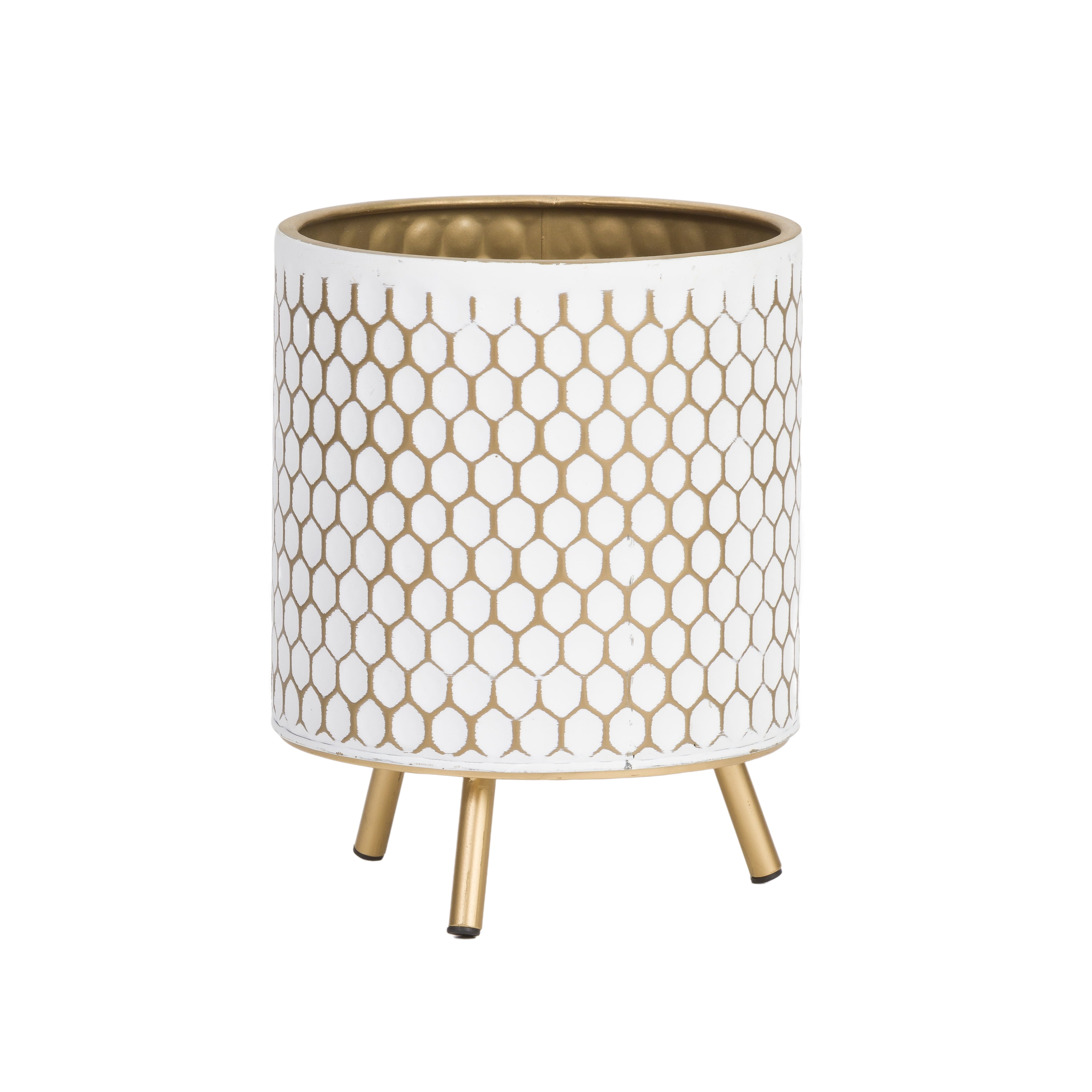 White and Gold Honeycomb Metal Indoor Planter with 3-Leg Base