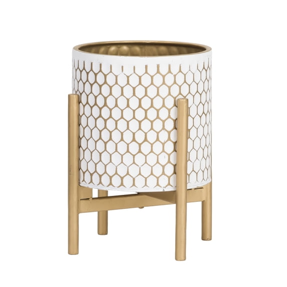Honeycomb Mid-Century Modern Indoor Metal Pot Planter with 4-Leg Gold Metal Base - 9.5"W x 12"H