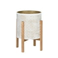thumbnail image 1 of Honeycomb Mid-Century Modern Indoor Metal Pot Planter with 4-Leg Wood Base - 18.25" H x 14" W, 1 of 5