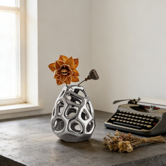 Honeycomb Openwork Ceramic Vase, Decorative Metallic Flower Vase for Dried Flowers, Modern Geometric Home Decor Centerpiece for Table